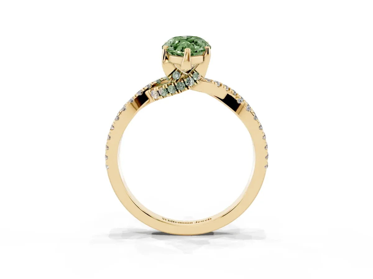 Fancy Green Marquise Cut Solitaire Twist Pave Diamond Engagement Ring with Prong Setting Yellow gold
