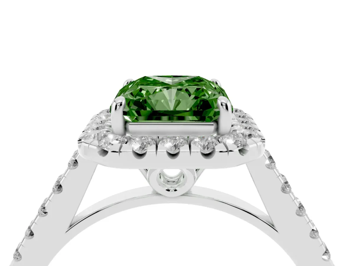 Fancy Green Radiant Cut Halo Pavé Diamond Engagement Ring with Four-Prong Setting Silver