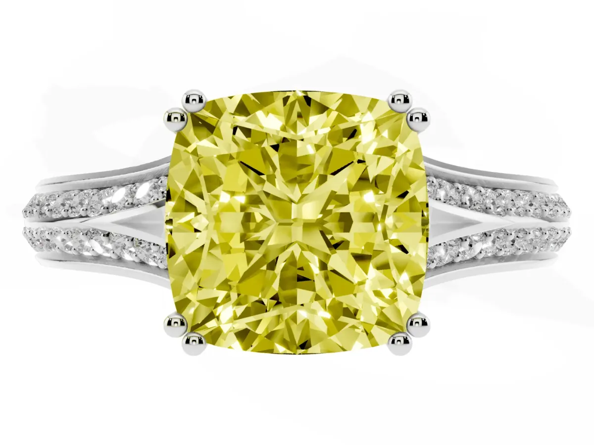 Fancy Yellow Cushion Cut Diamond Split Shank Engagement Ring with Pavé Band Silver