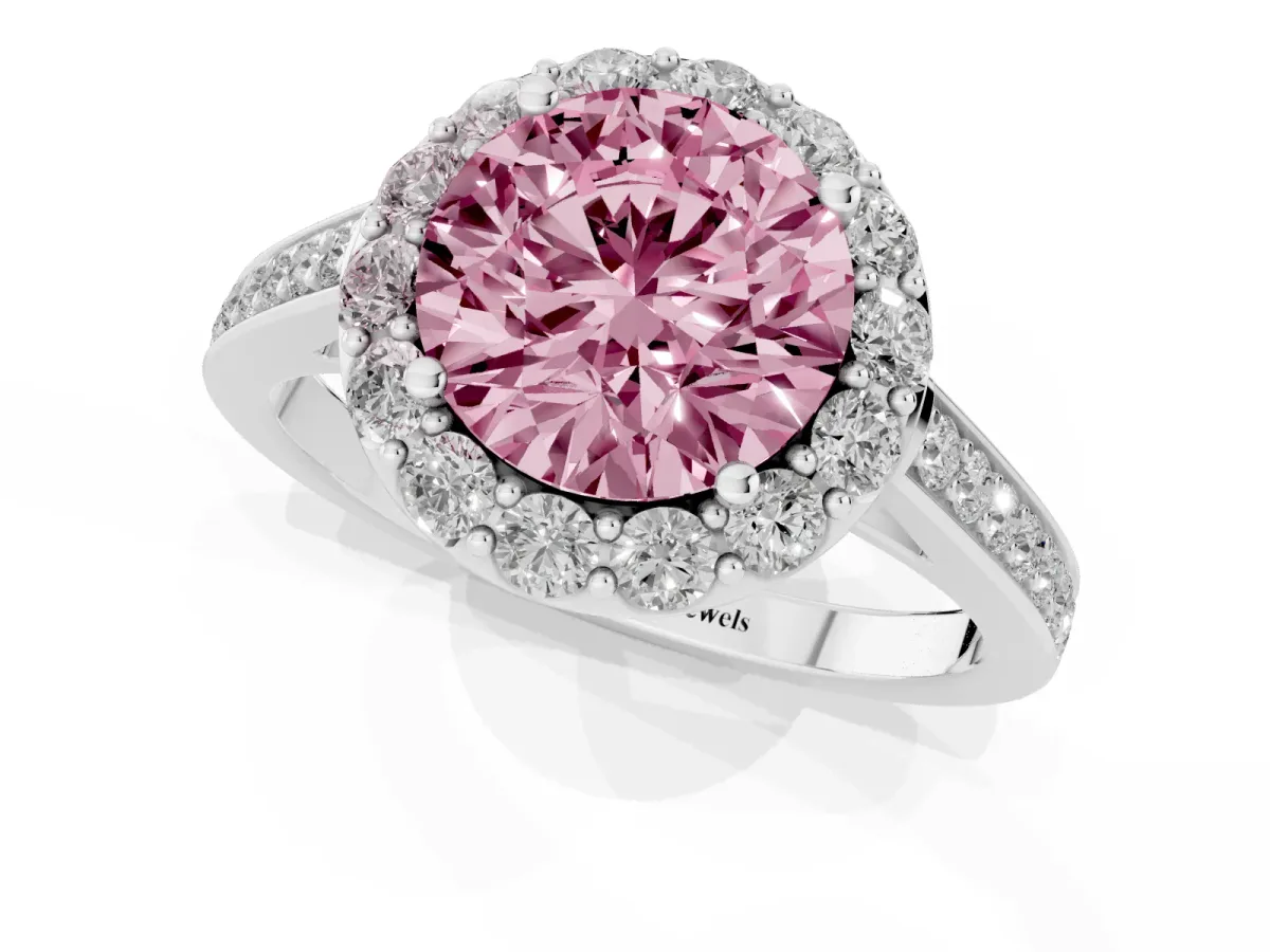 Fancy Pink Round Cut Diamond Floral Halo Ring with Pavé Band and Prong Setting White gold