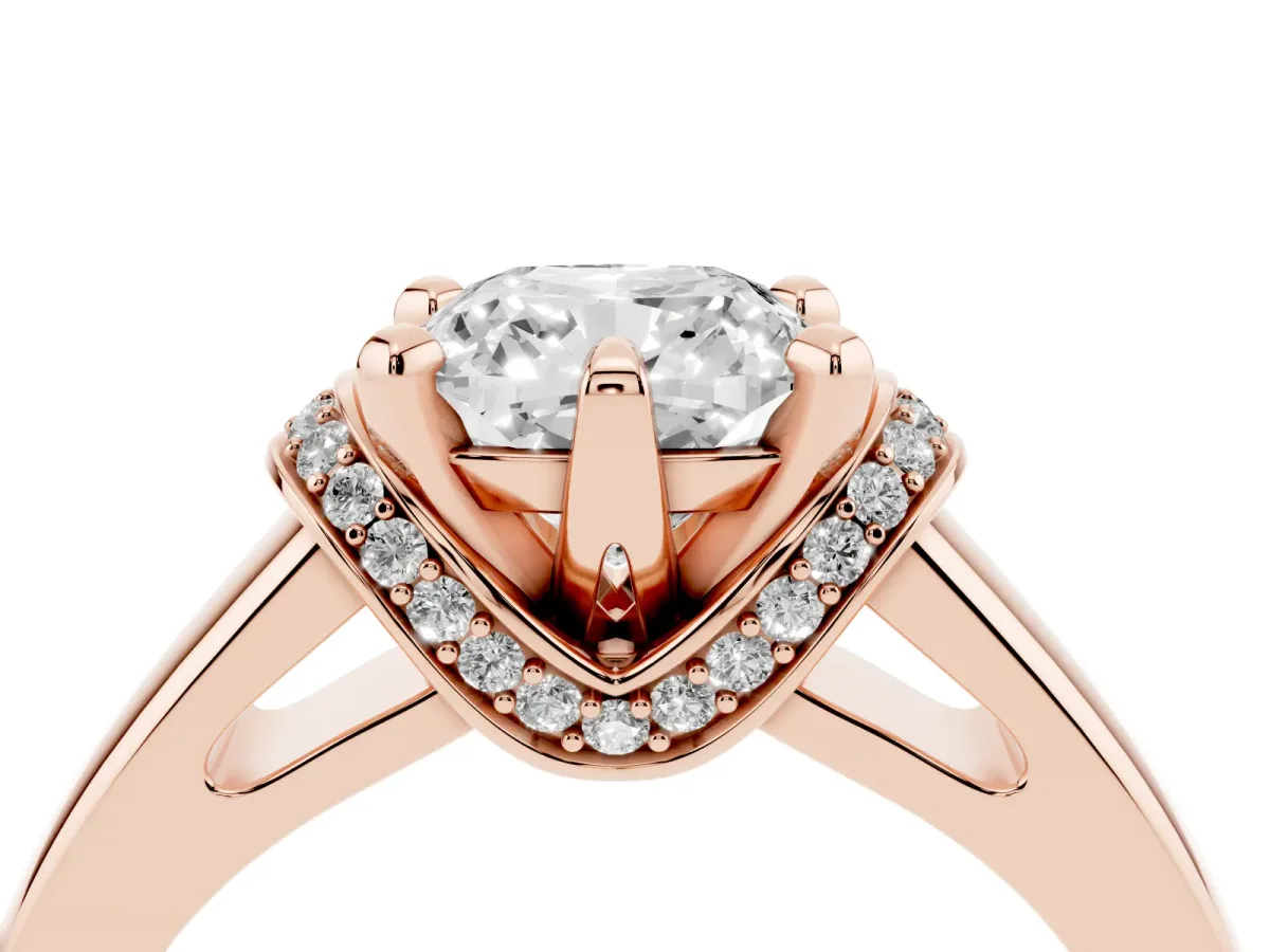 Cushion Cut Solitaire Diamond Ring with Pave Band and Six-Prong Setting Rose gold