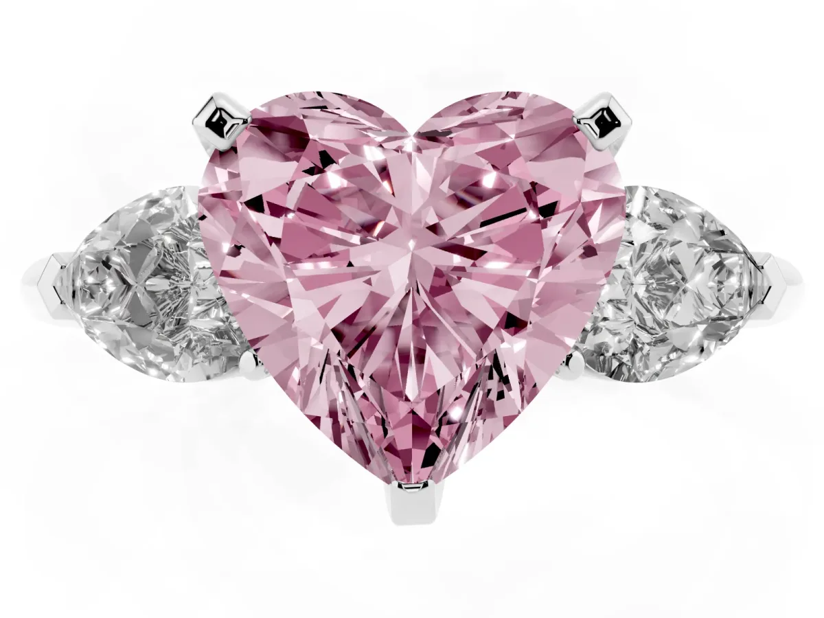 Fancy Pink Three-Stone Heart Cut Diamond Ring with Pear Side Stones and Four-Prong Setting Silver