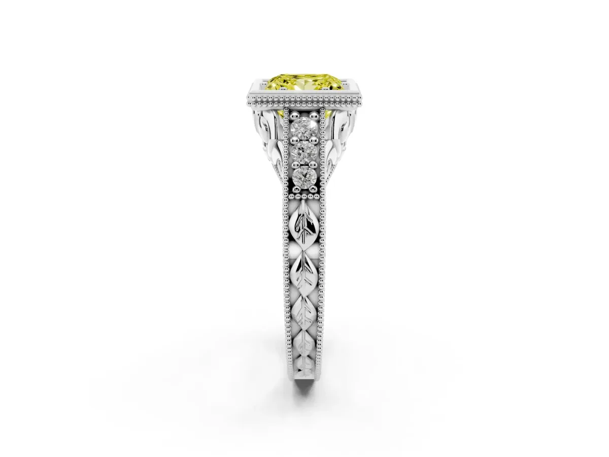 Fancy Yellow Bezel Set Princess Cut Diamond Milgrain Pave Engagement Ring Silver