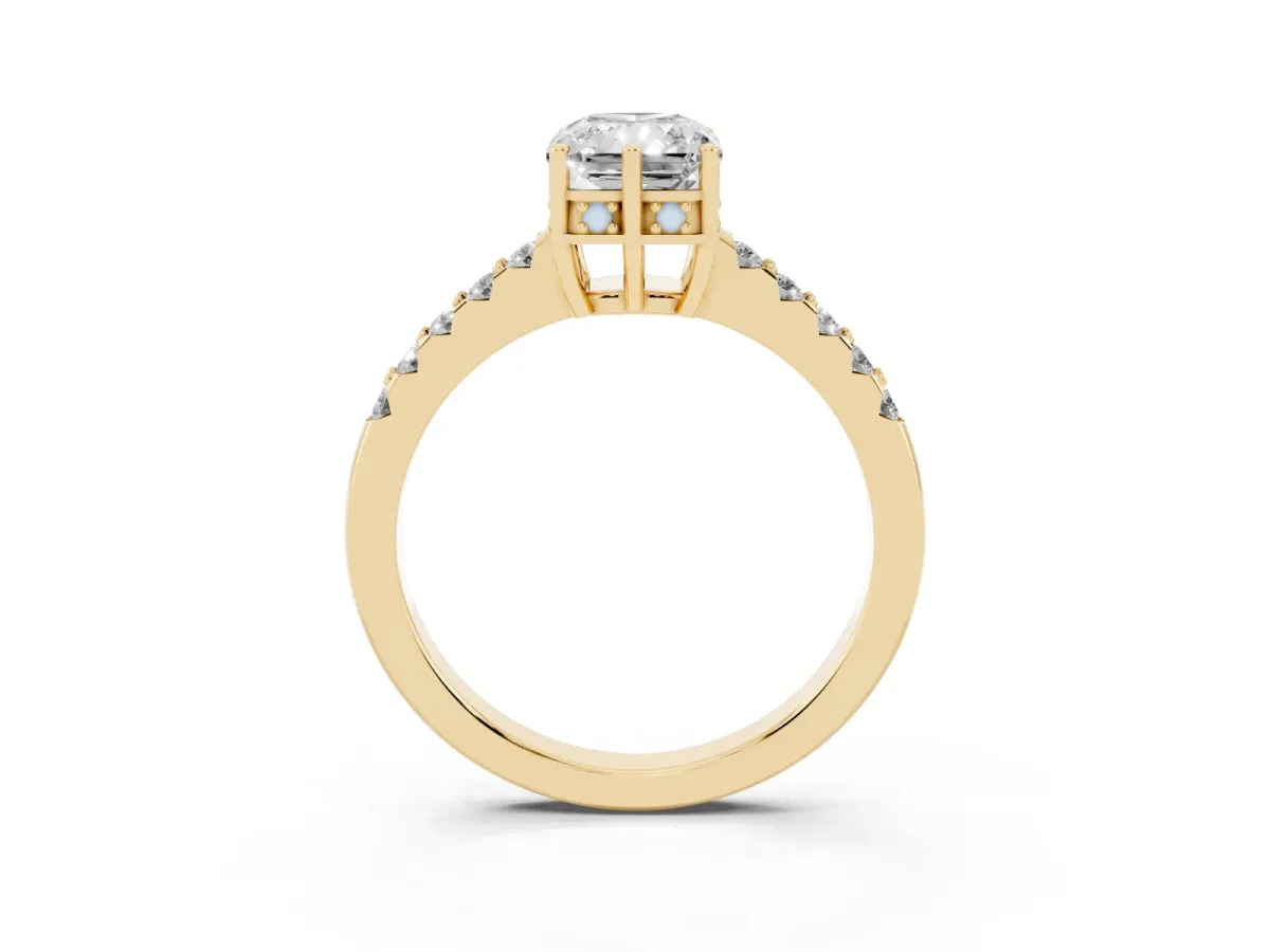 Radiant Cut Solitaire Diamond Engagement Ring with Pavé Band and Six-Prong Setting Yellow gold