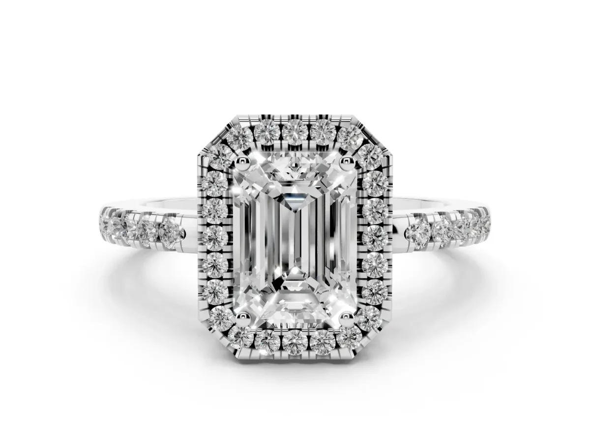 Emerald Cut Halo Diamond Engagement Ring with Pavé Band and Four-Prong Setting Silver