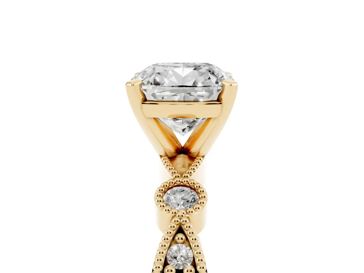 Cushion Cut Milgrain Bezel Diamond Engagement Ring with Solitaire Prong Setting Yellow gold