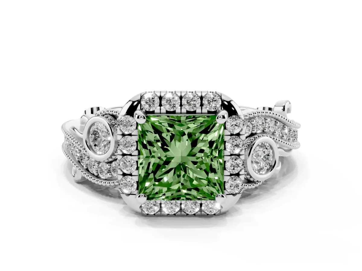 Fancy Green Princess Cut Diamond Halo Ring with Milgrain Pavé Band and Four-Prong Setting Silver
