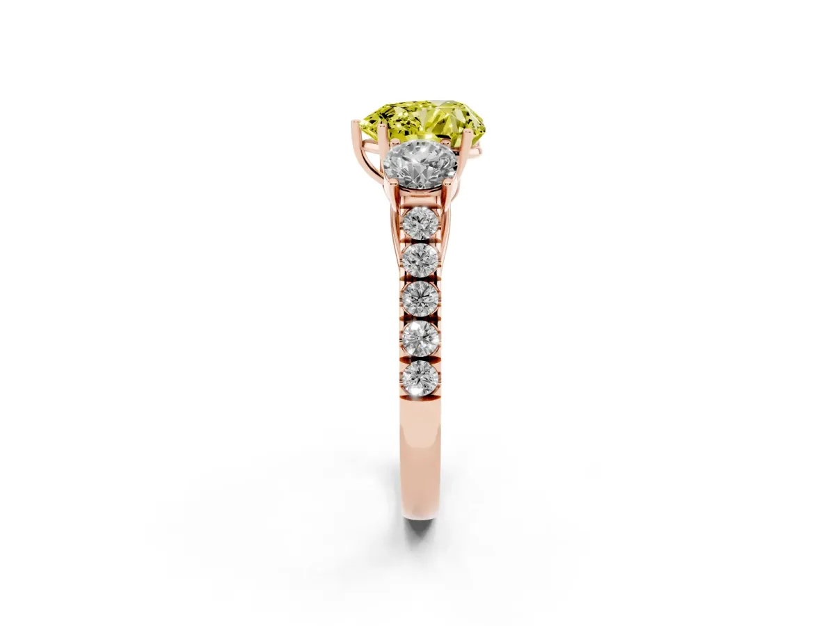 Fancy Yellow Heart Cut Cut Diamond Three-Stone Ring with Round Side Stones and Pavé Band Rose gold