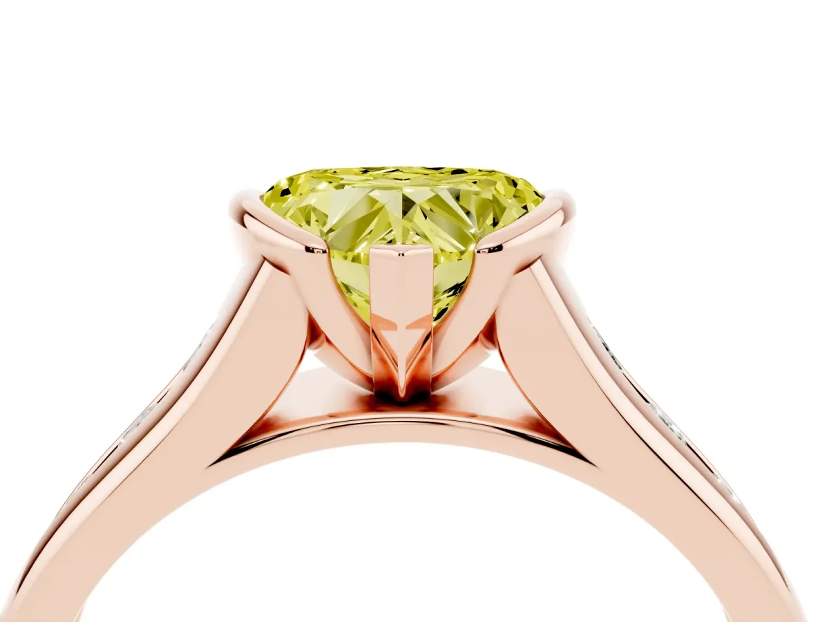 Fancy Yellow Heart Cut Solitaire Bezel-Set Diamond Ring with Channel-Set Band Rose gold