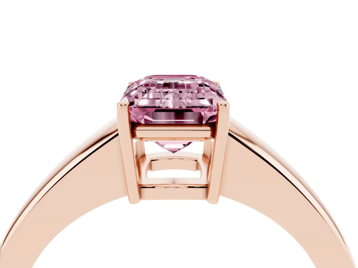 Fancy Pink Emerald Cut Solitaire Diamond Ring with Tapered Band and Four-Prong Setting Rose gold