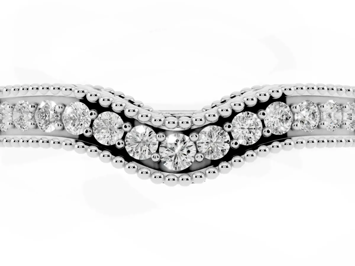 Pave Round Diamond Curved Milgrain Band Silver