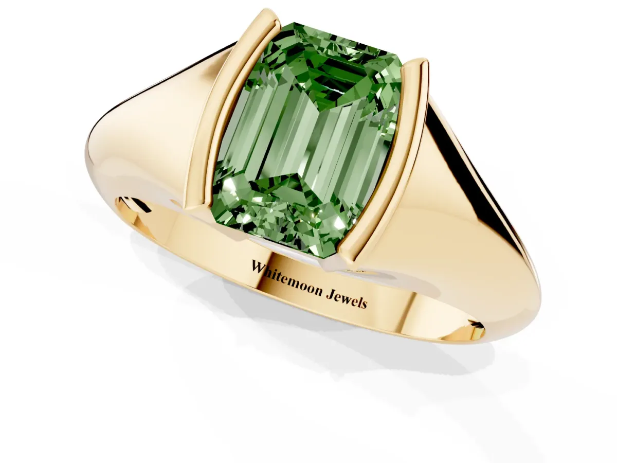 Fancy Green Emerald Cut Solitaire Tension Set Diamond Ring Yellow gold