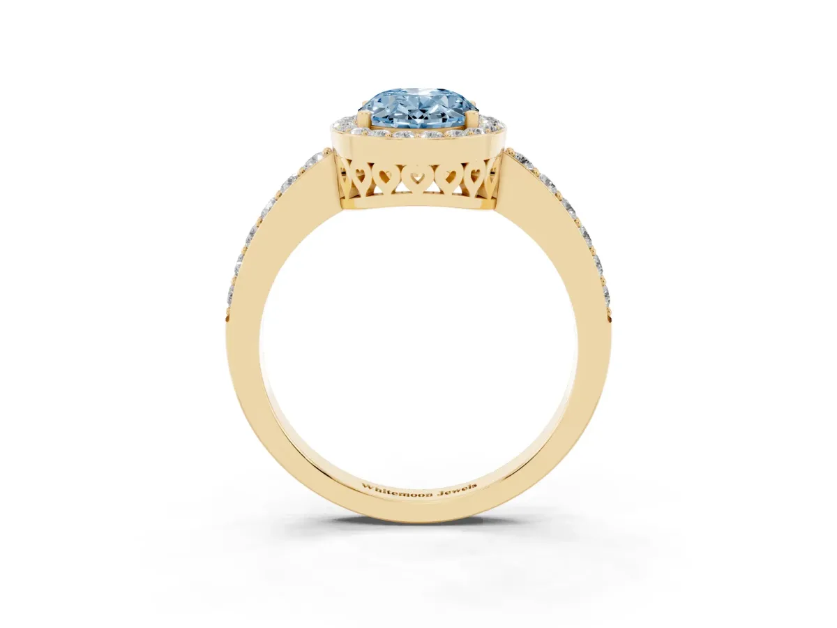 Fancy Blue Oval Cut Halo Diamond Pavé Band Ring with Prong Setting Yellow gold