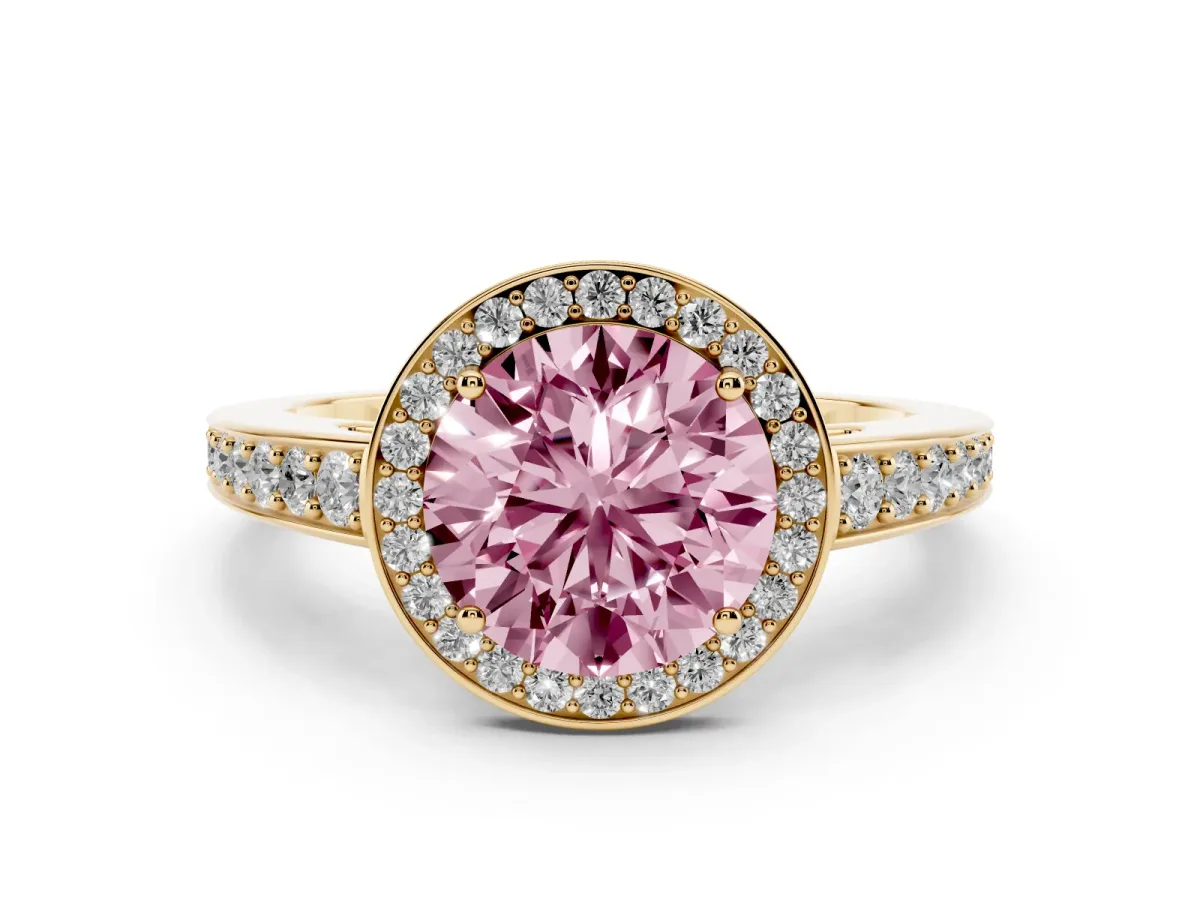 Fancy Pink Round Cut Halo Pavé Diamond Engagement Ring with Bezel Setting Yellow gold