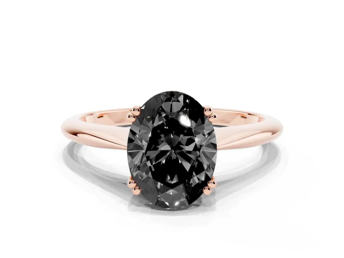 Fancy Black Oval Cut Solitaire Diamond Ring with Six-Prong Setting and Classic Band Rose gold