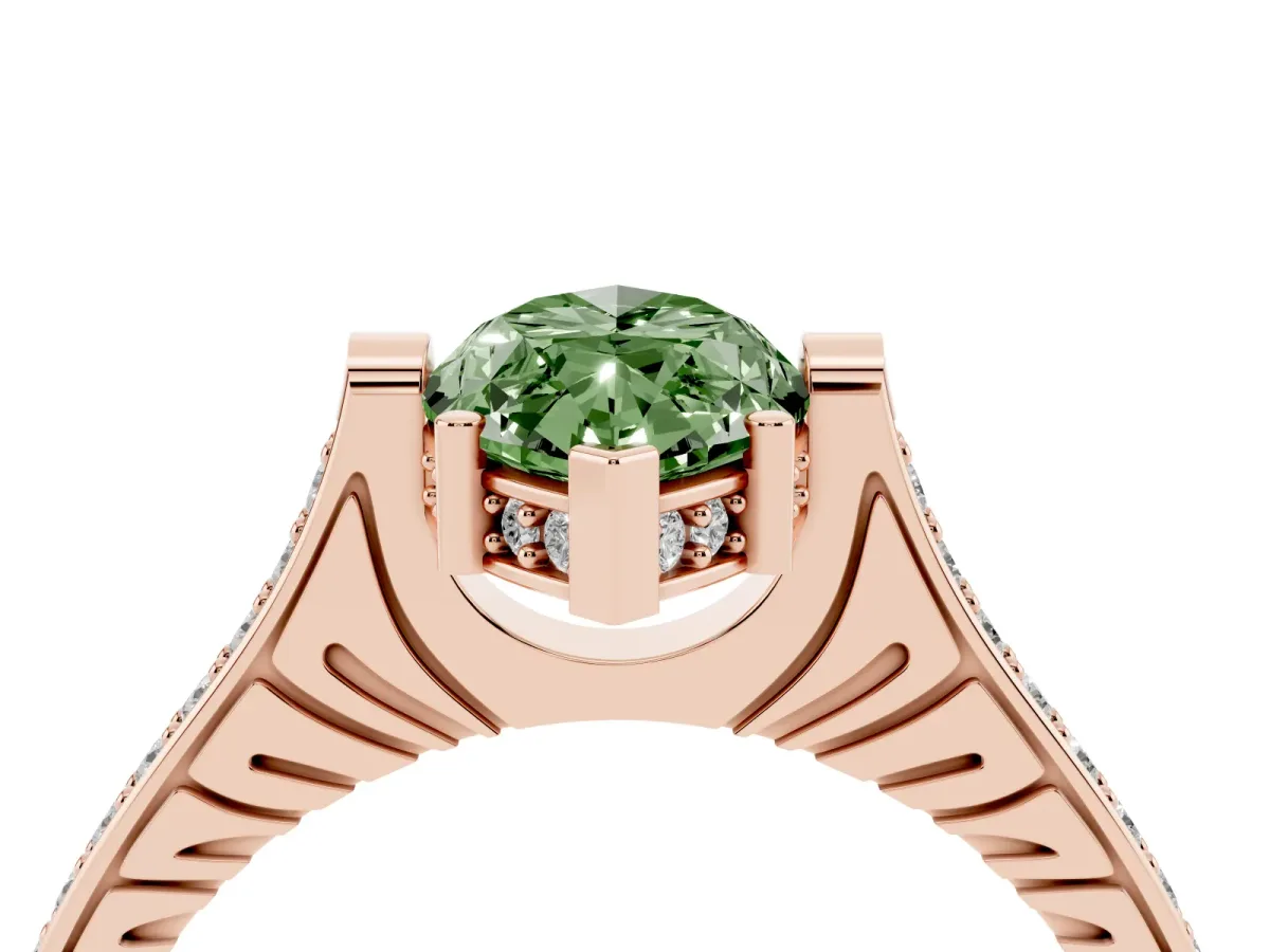 Fancy Green Marquise Cut Solitaire Diamond Ring with Channel Set Band and Bezel Prong Setting Rose gold