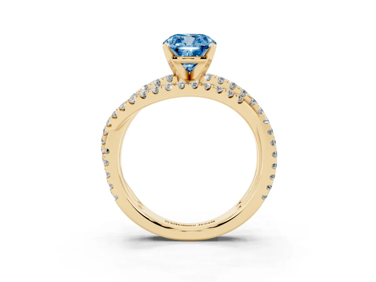 Fancy Blue Cushion Cut Solitaire Twist Band with Pavé Setting and Four-Prong Setting Yellow gold