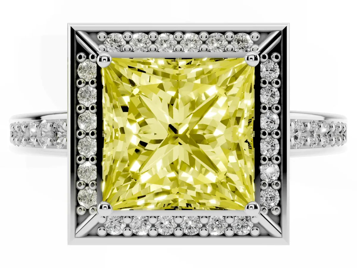 Fancy Yellow Princess Cut Cut Halo Pave Split Shank Prong Setting Ring White gold