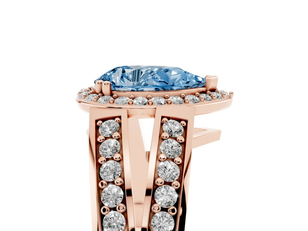 Fancy Blue Pear Cut Diamond Halo Ring with Split Shank Pavé Band and Four-Prong Setting Rose gold