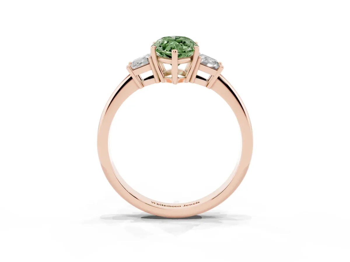 Fancy Green Marquise Cut Diamond Three-Stone Ring with Trapezoid Side Stones and Prong Setting Rose gold
