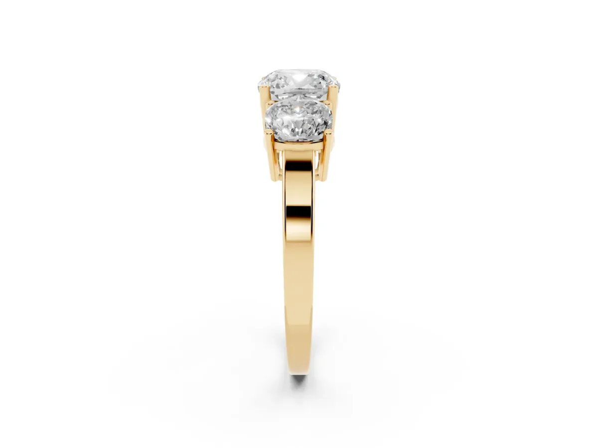 Three-Stone Cushion Cut Cut Diamond Engagement Ring with Flat Band and Four-Prong Setting Yellow gold