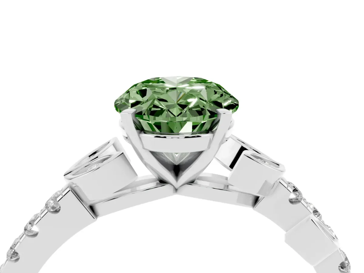 Fancy Green Oval Cut Solitaire Leaf-Inspired Diamond Ring with Pavé Band and Four-Prong Setting Silver