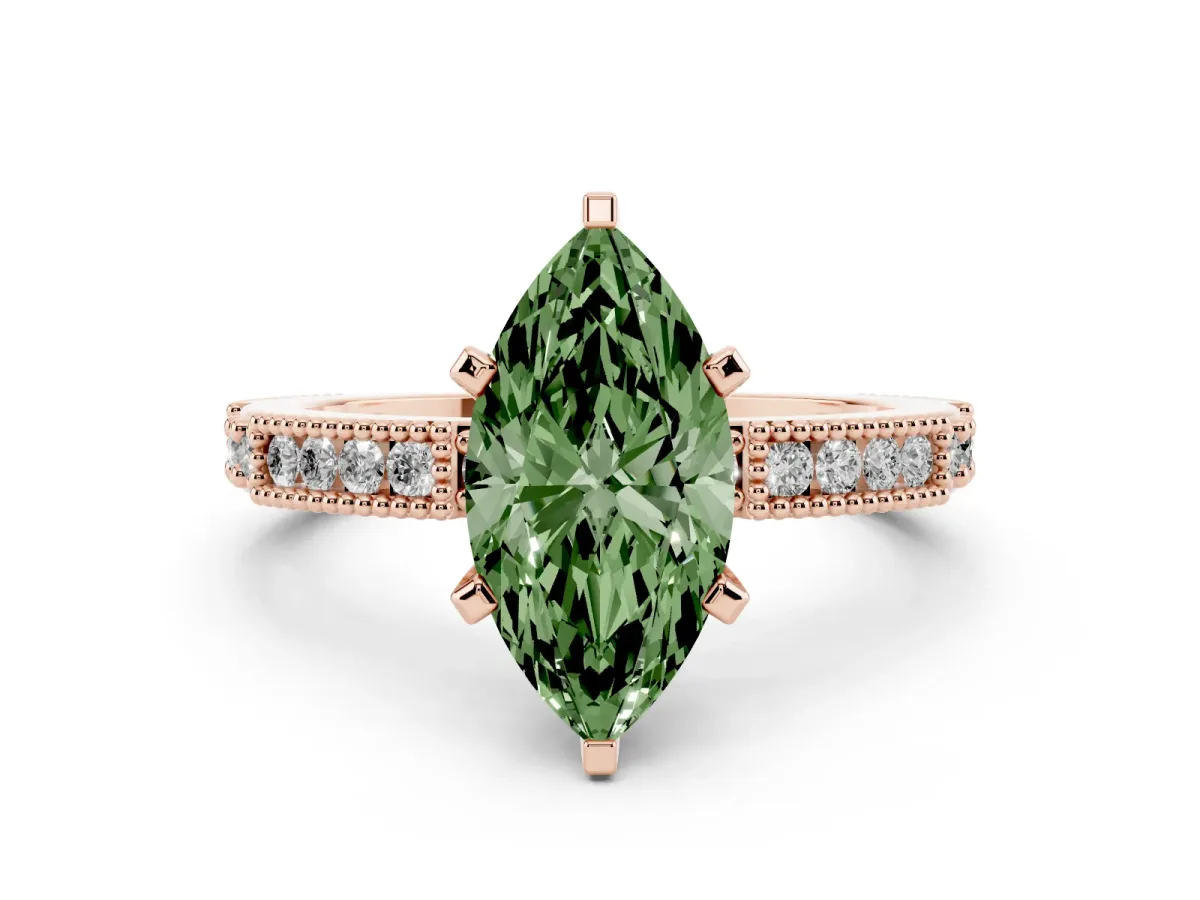 Fancy Green Marquise Cut Solitaire with Pavé Band and Four-Prong Setting Rose gold