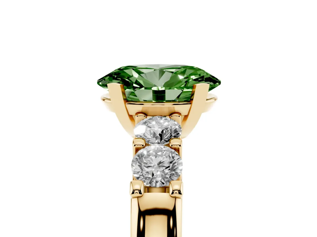 Fancy Green Oval Cut Brilliant Cut Diamond Five-Stone Prong Set Engagement Ring with Channel Band Yellow gold