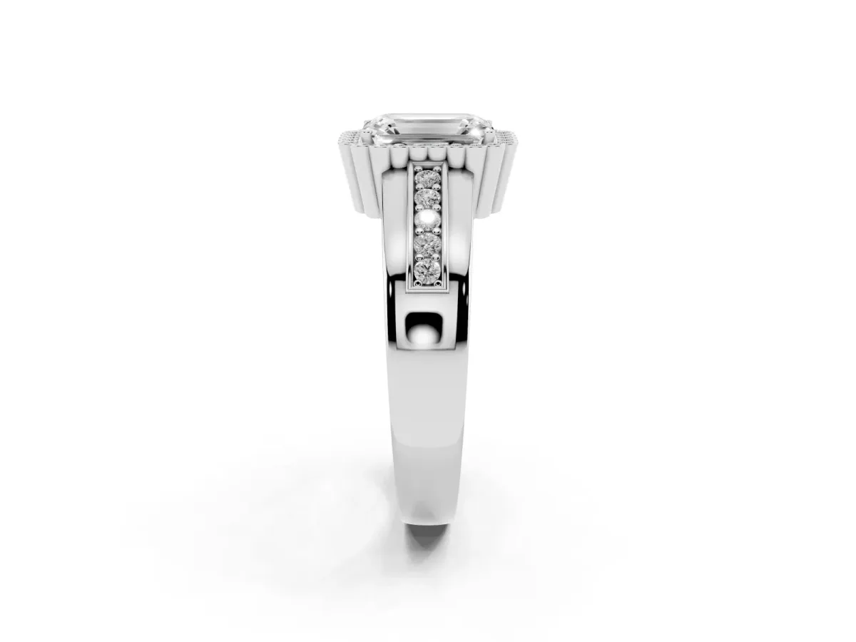 Emerald Cut Cut Halo Pave Band Four-Prong Ring Silver
