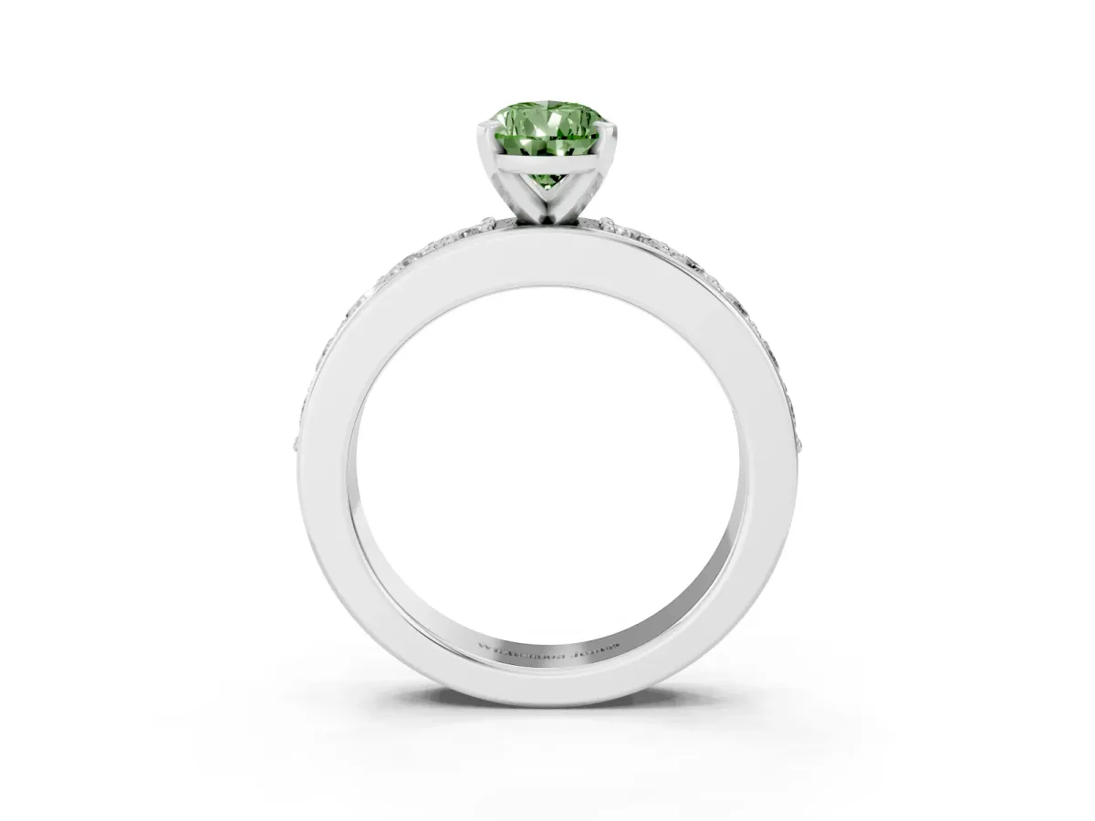 Fancy Green Pear Cut Diamond Engagement Ring with Channel Set Round Band and Prong Setting Platinum