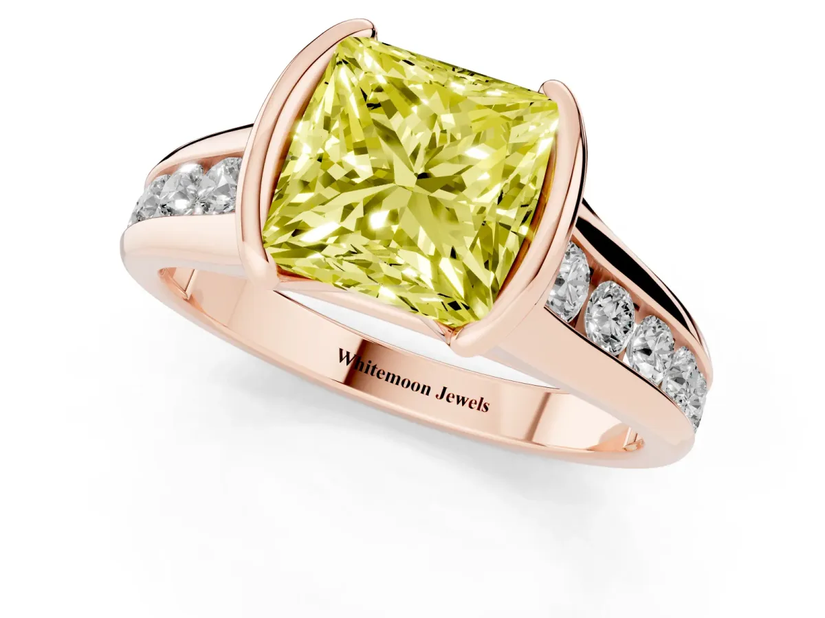 Fancy Yellow Princess Cut Solitaire Bezel-Set Diamond Ring with Channel-Set Band Rose gold
