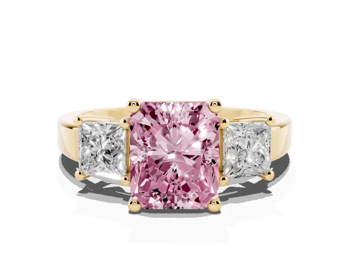 Fancy Pink Three-Stone Radiant Cut Cut Solitaire Ring with Prong Setting Yellow gold
