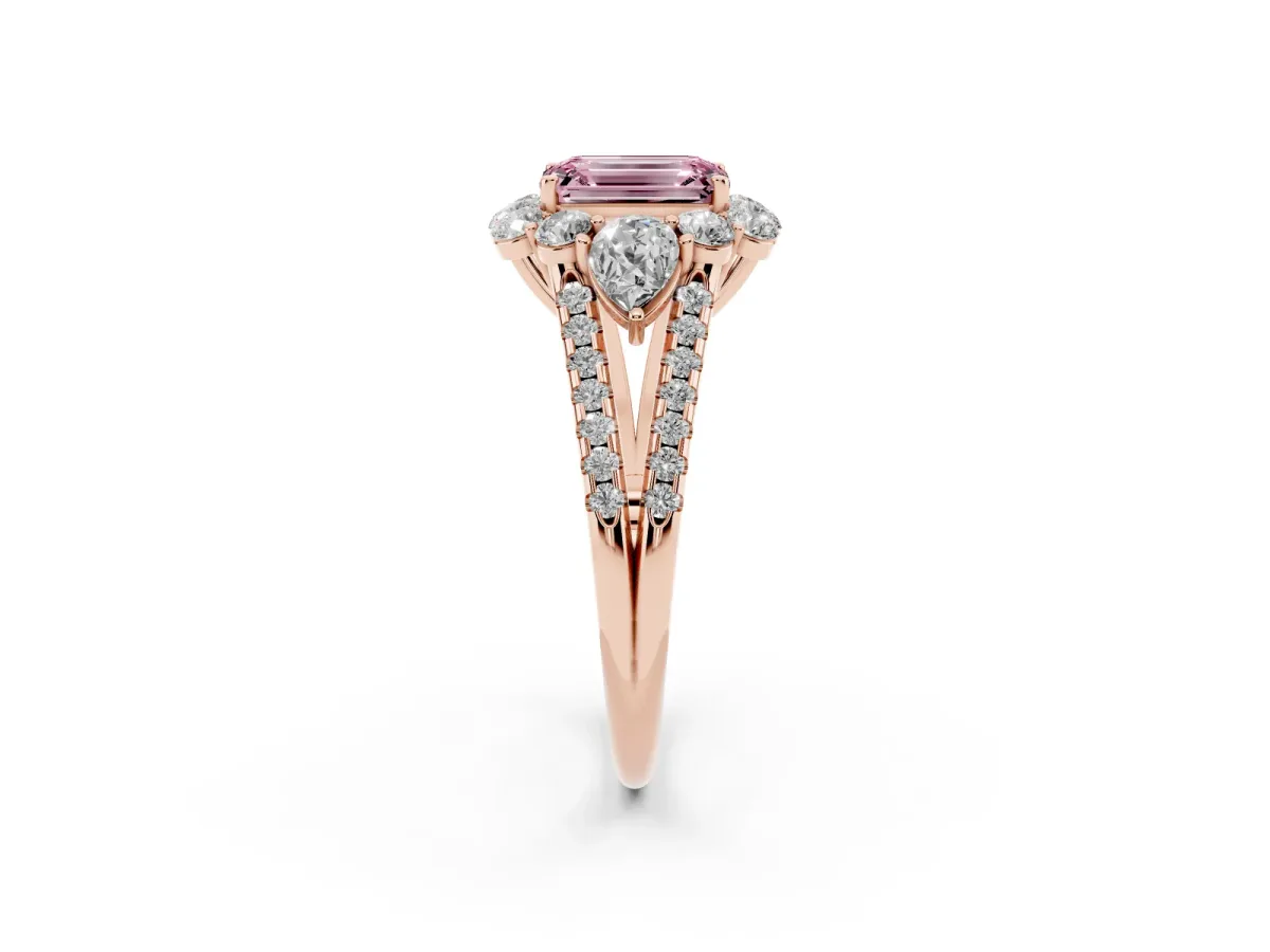 Fancy Pink Emerald Cut Halo Split Shank Diamond Engagement Ring with Prong Setting Rose gold