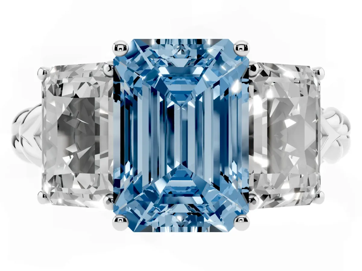 Fancy Blue Three-Stone Radiant Cut Diamond Braided Band Ring with Four-Prong Setting Platinum