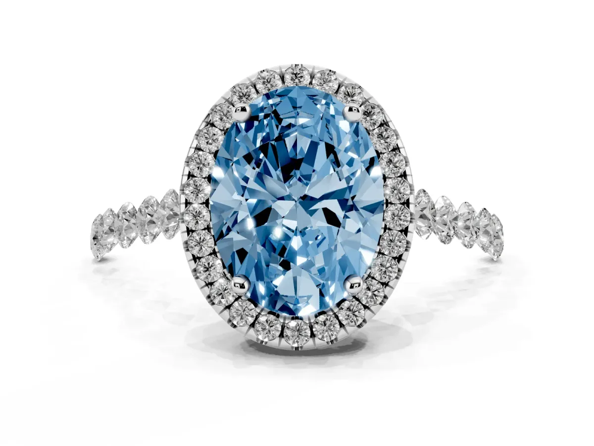 Fancy Blue Oval Cut Halo Pavé Diamond Engagement Ring with Four-Prong Setting Silver