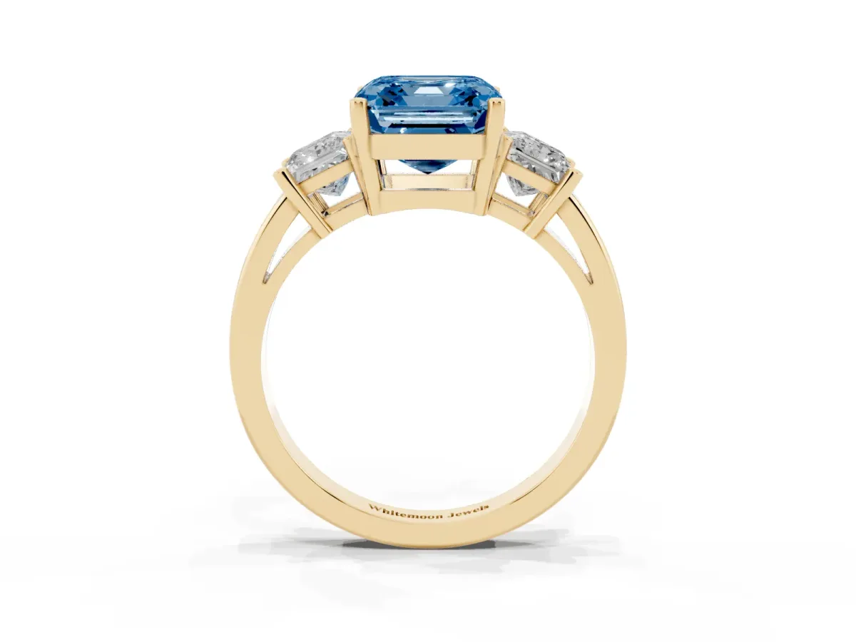 Fancy Blue Three-Stone Asscher Cut Cut Solitaire Ring with Prong Setting Yellow gold