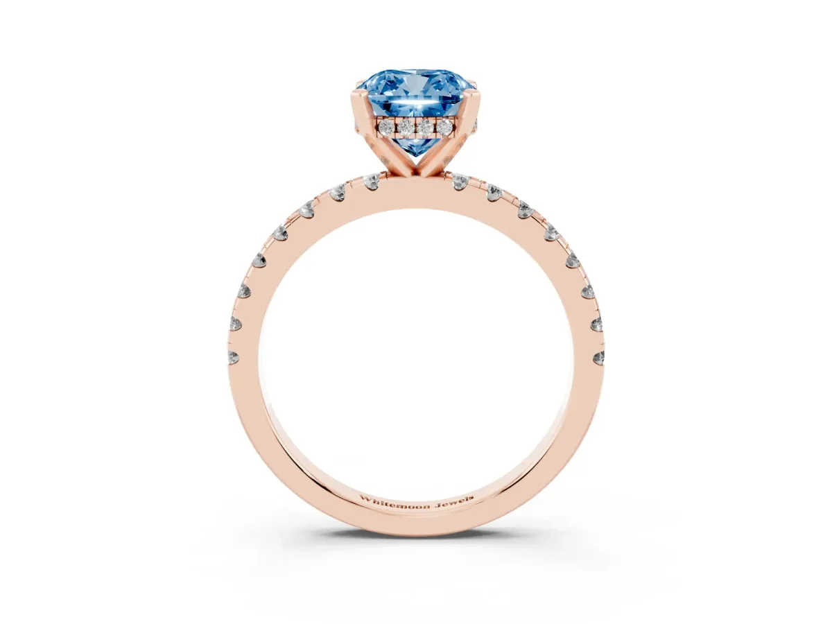 Fancy Blue Cushion Cut Diamond Solitaire Ring with Round Pavé Band and Four-Prong Setting Rose gold