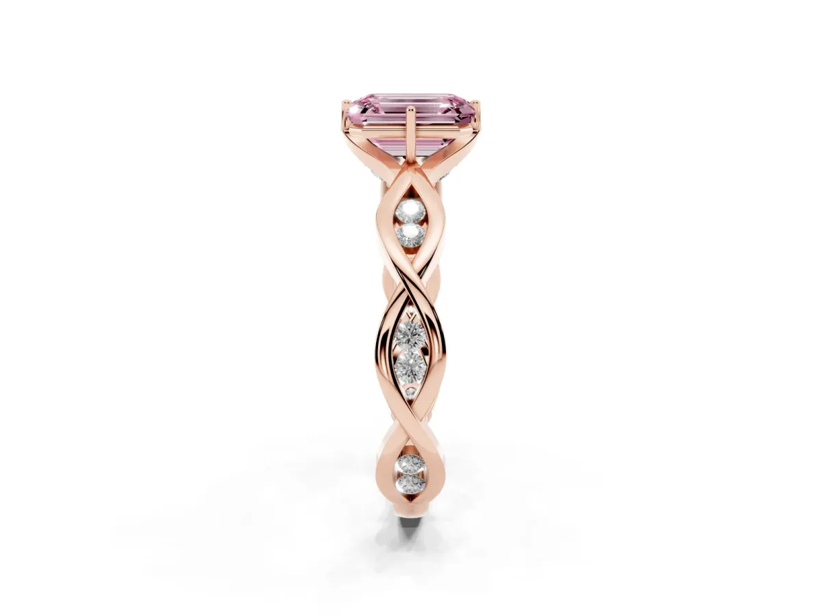 Fancy Pink Emerald Cut Solitaire Twist Band with Leaf Prong Setting Rose gold