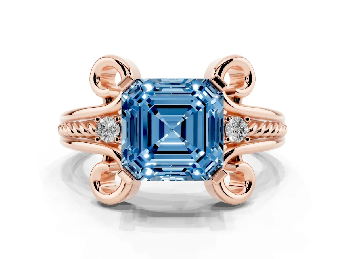 Fancy Blue Asscher Cut Solitaire Twisted Band Scroll Prong Ring Rose gold