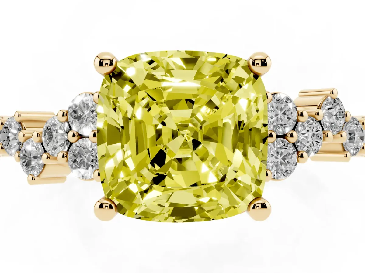 Fancy Yellow Cushion Cut Diamond Scattered Round Accent Ring with Prong Setting Yellow gold