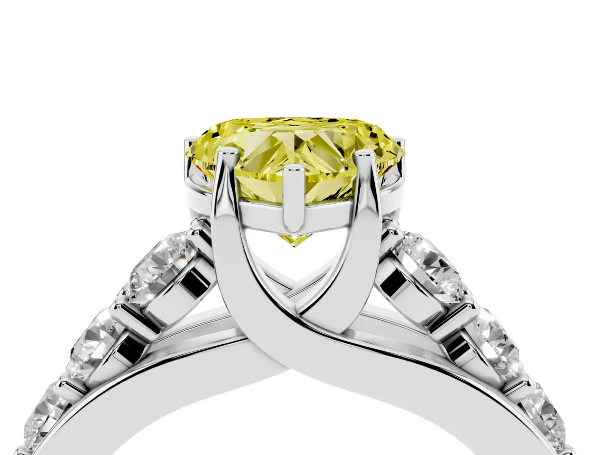 Fancy Yellow Heart Cut Diamond Engagement Ring with Pavé Band and Four-Prong Setting White gold
