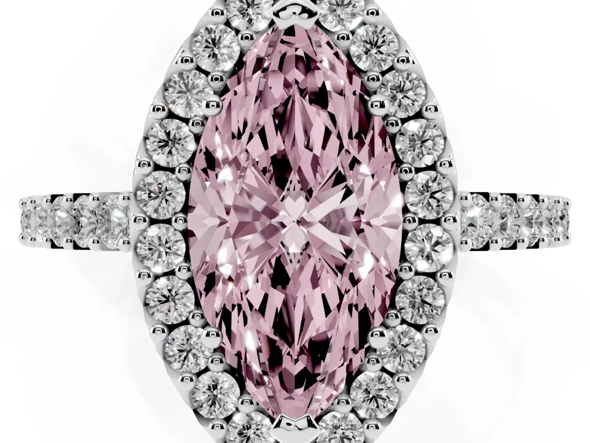 Fancy Pink Marquise Cut Halo Diamond Pavé Solitaire Ring Silver