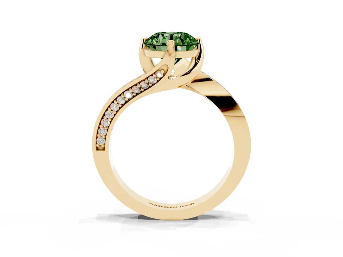 Fancy Green Round Cut Solitaire Diamond Twist Band with Pavé Setting and Four-Prong Setting Yellow gold