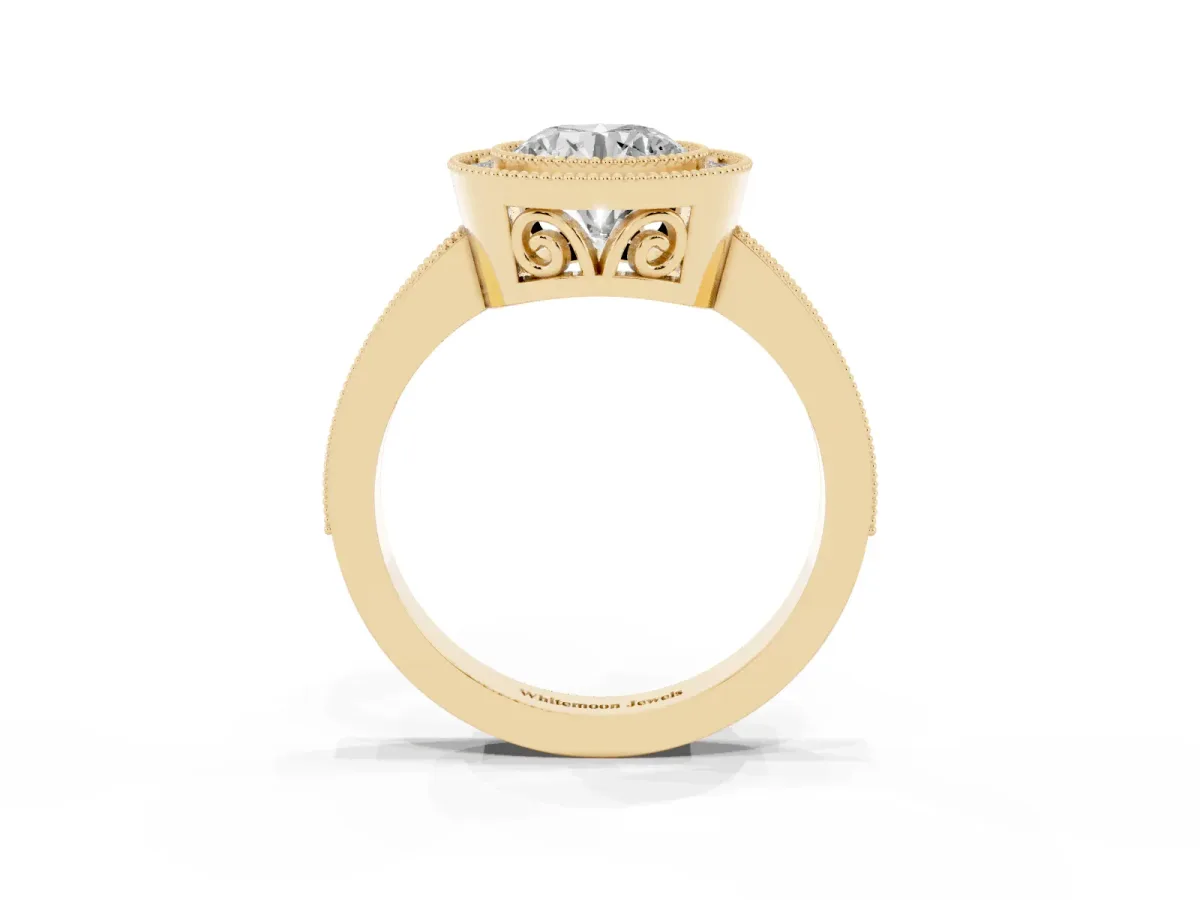 Round Cut Cut Halo Diamond Ring with Pavé Band and Milgrain Prong Setting Yellow gold