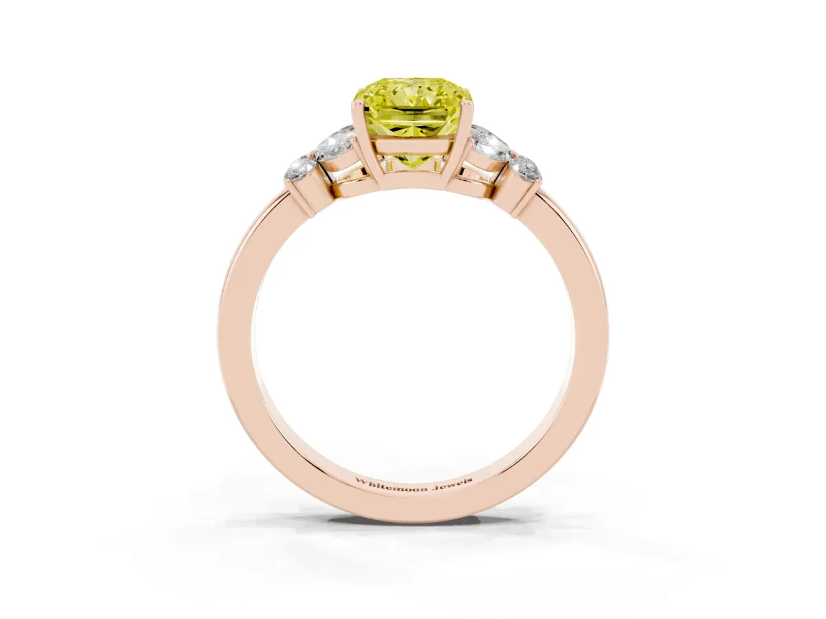 Fancy Yellow Radiant Cut Cut Solitaire Floral Diamond Ring with Four-Prong Setting Rose gold