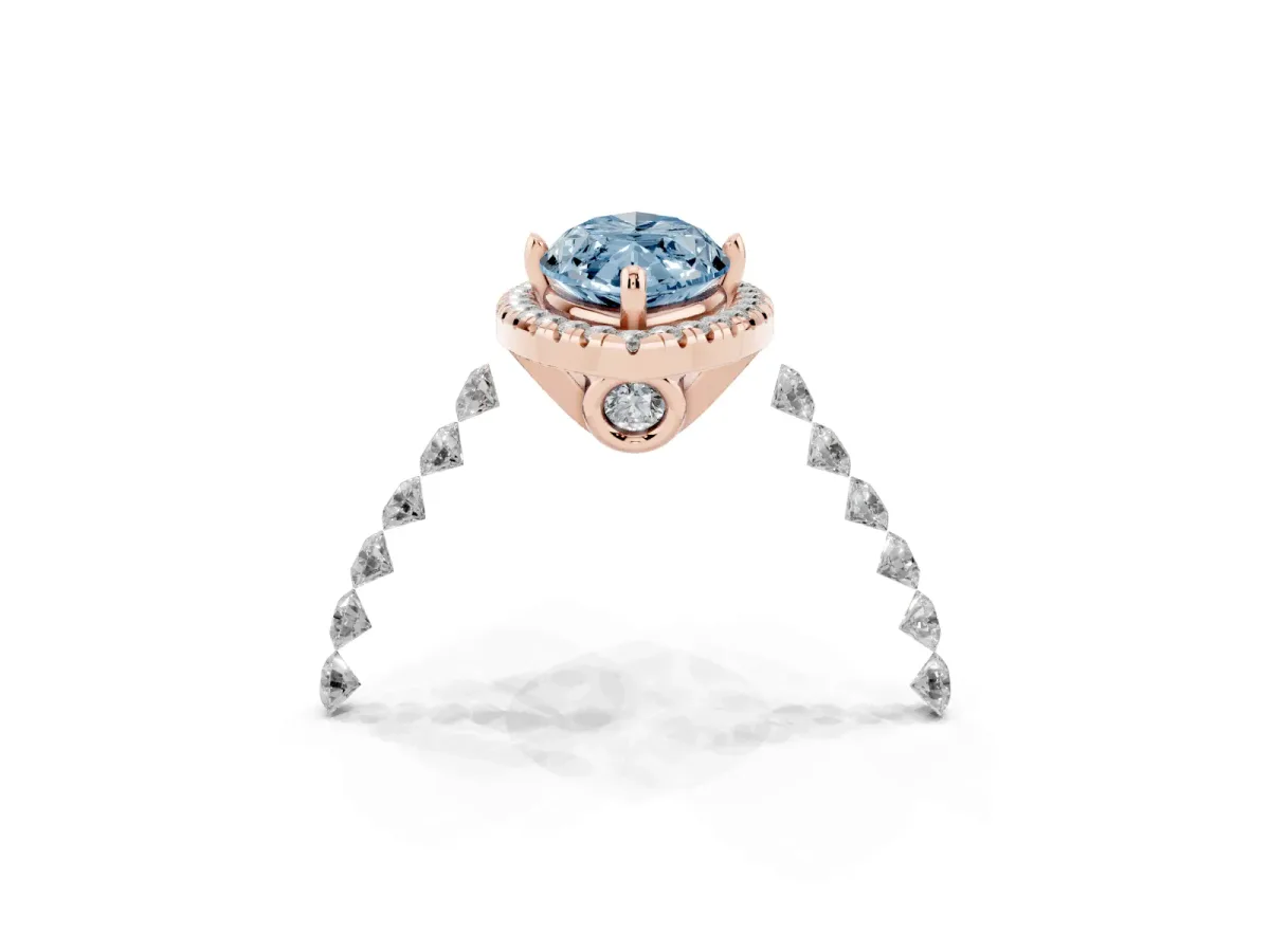 Fancy Blue Marquise Cut Halo Pavé Diamond Engagement Ring with Four-Prong Setting Rose gold