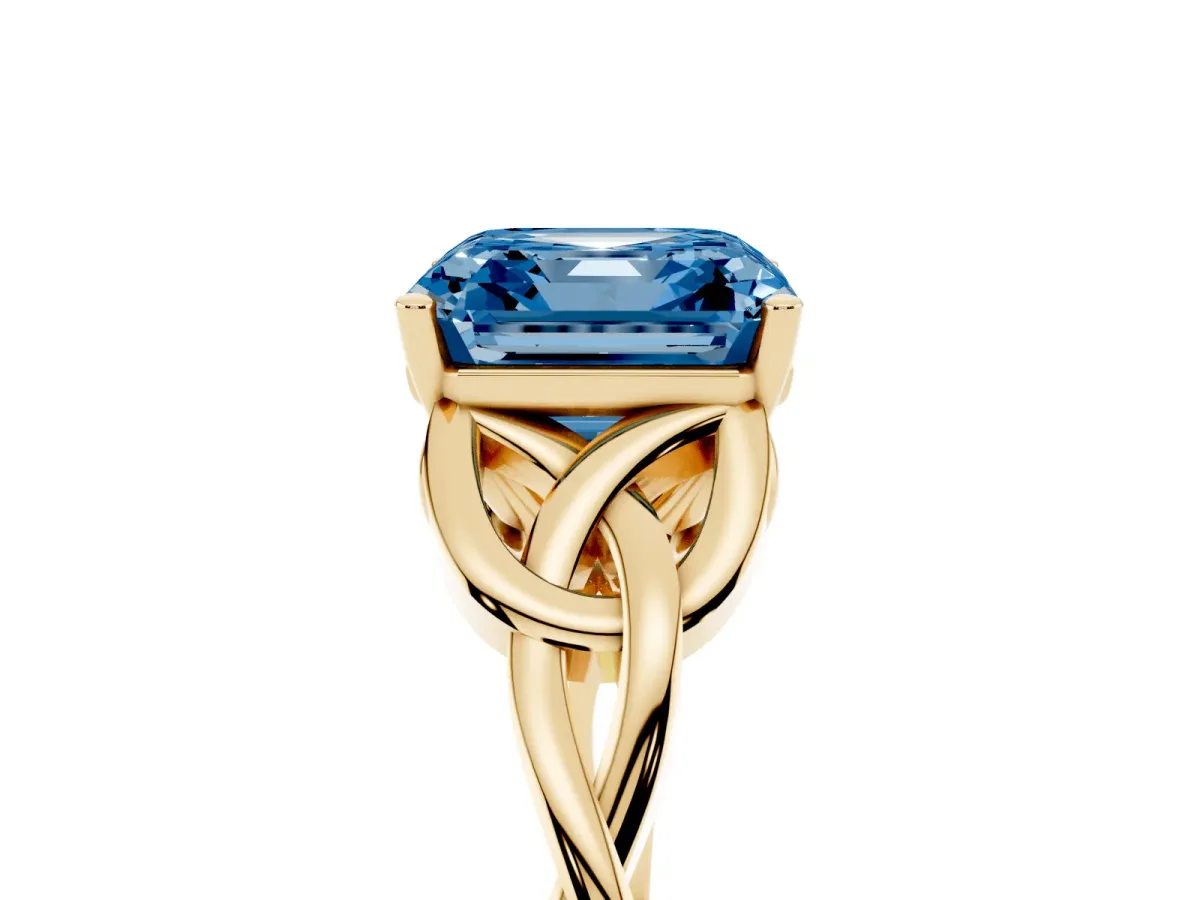 Fancy Blue Asscher Cut Diamond Solitaire Engagement Ring with Celtic Knot Band and Four-Prong Setting Yellow gold
