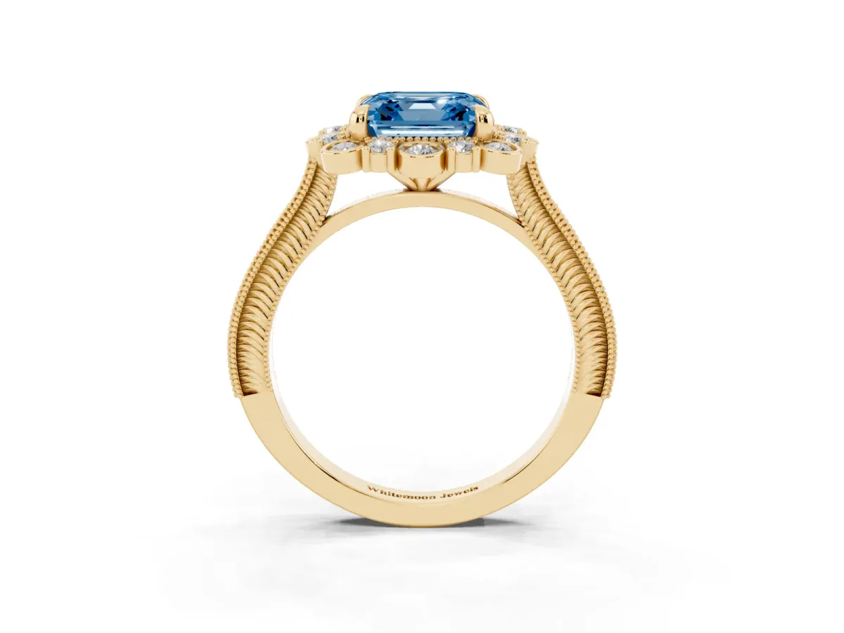 Fancy Blue Asscher Cut Halo Milgrain Pave Diamond Ring with Four-Prong Setting Yellow gold