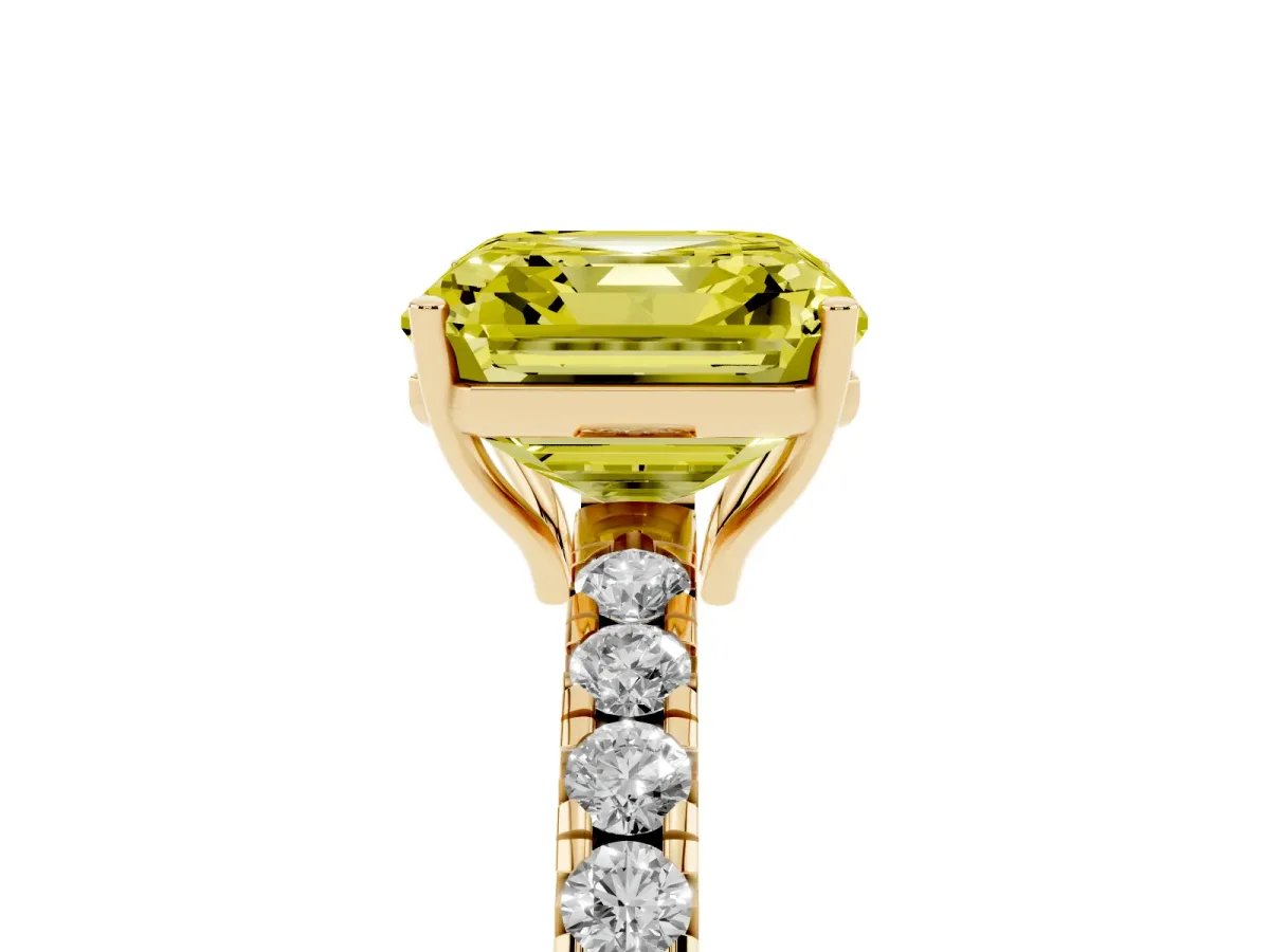Fancy Yellow Asscher Cut Diamond Pavé Solitaire Engagement Ring with Four-Prong Setting Yellow gold