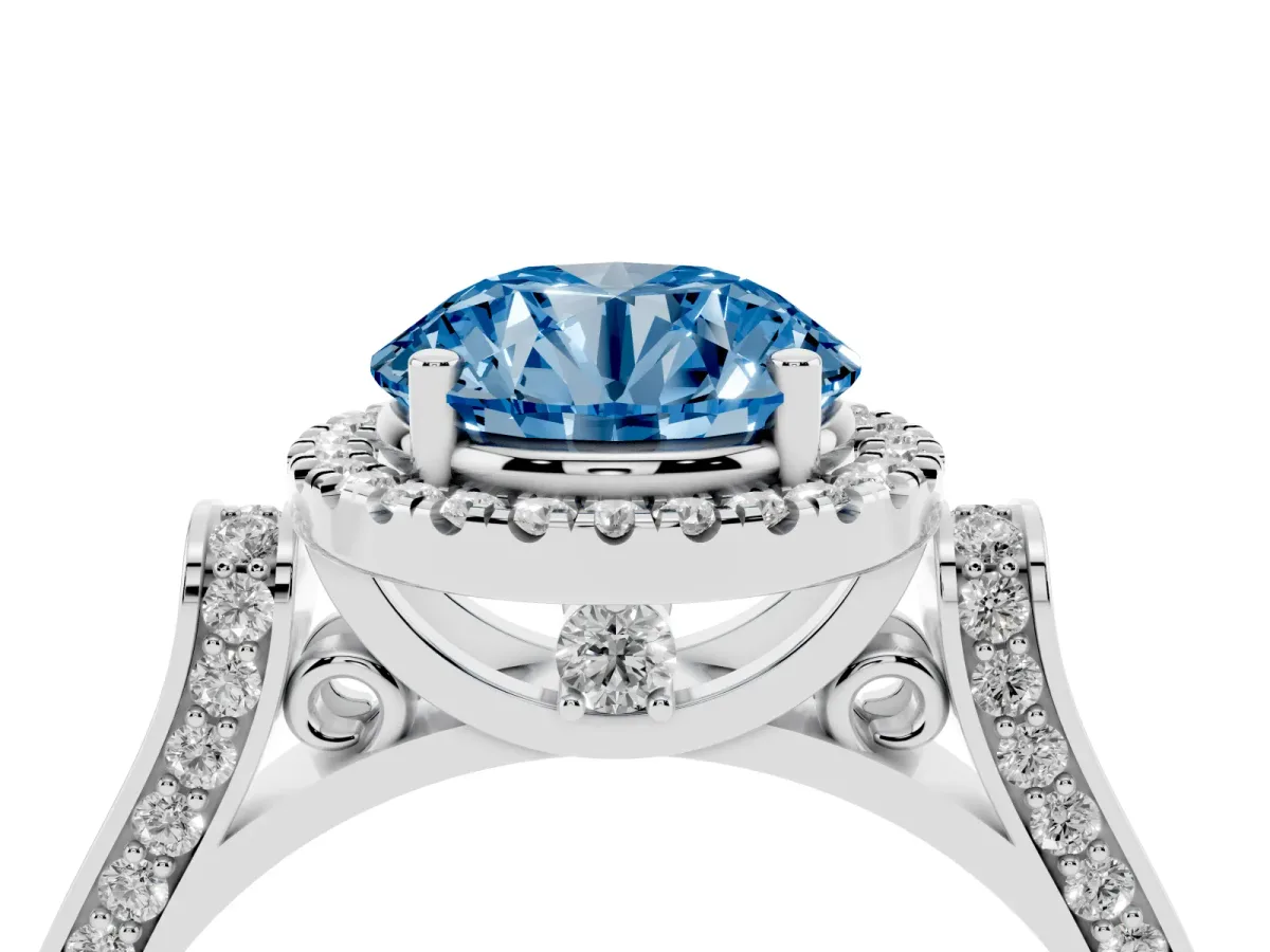 Fancy Blue Round Cut Halo Pave Split Shank Prong Setting Ring Silver